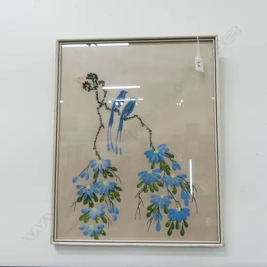 MID CENTURY JAPANESE PAINTING ON SILK, BLUE BIRDS & FLOWERS, 450 x 350mm 