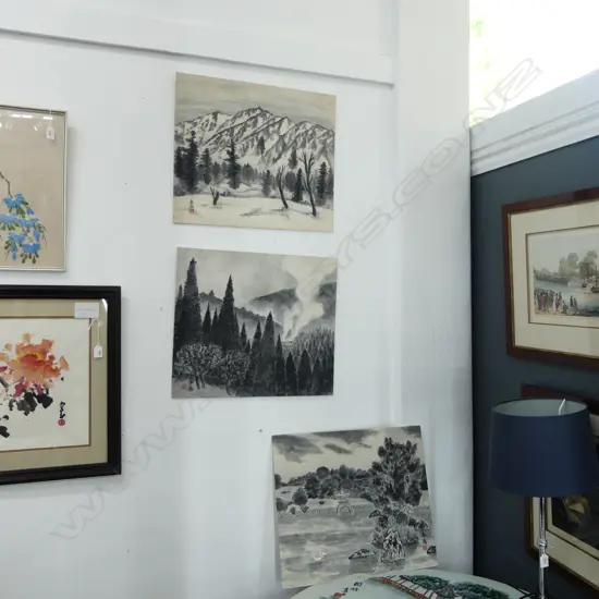 3 x 1960's JAPANESE PAINTINGS, INK & BRUSH ON RICE PAPER OVER CARD, SIGNED, 460 x 520mm