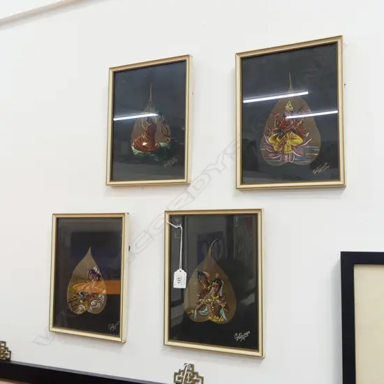 4 INDIAN W/CS PAINTED ON BODI LEAVES FRAMED SIGNED SATGURIOUS H270 L200MM