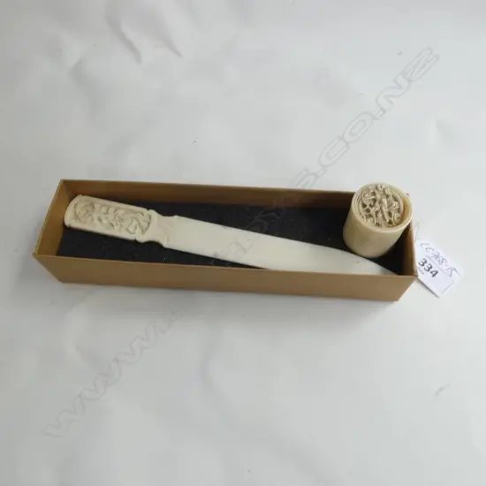 VINTAGE IVORY LETTER OPENER KNIFE + LIDDED SMALL CONTAINER