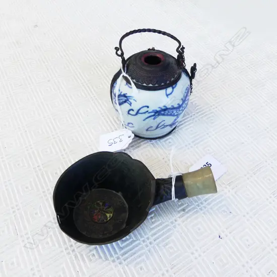 SMALL CHINESE B/WHITE DRAGON POT H80MM  &BRONZE LIBATION CUP JADE HANDLE L120MM