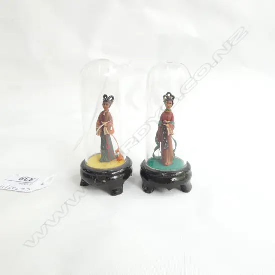 2 SMALL VINTAGE GLASS DOMED CASED ORIENTAL FIGURES H90MM