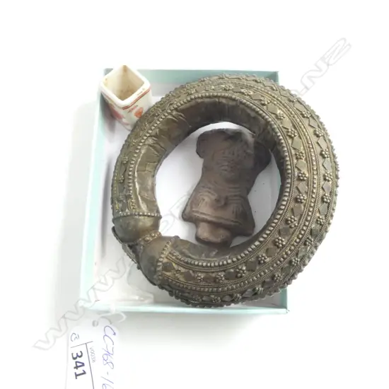 3 OLD? SMALL ITEMS: BANGLE + CARVED STONE PCE + MINI VASE or bird feeder?