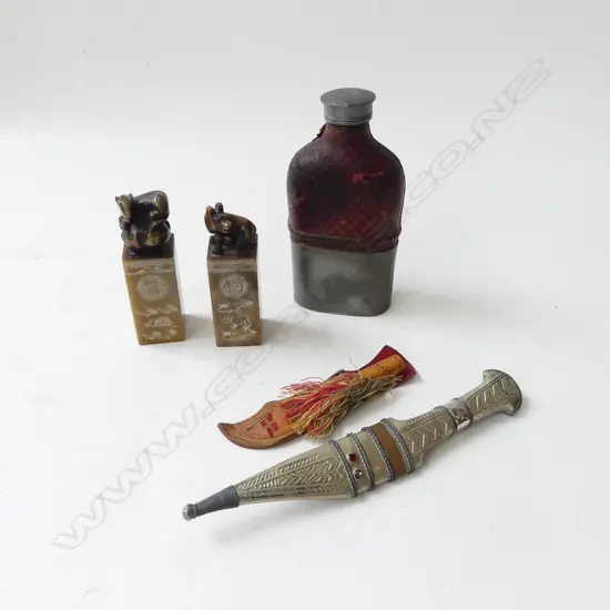 SMALL LOT 2 KNIVES  HIP FLASK H120MM & 2 CHINESE SOAPSTONE CHOPS