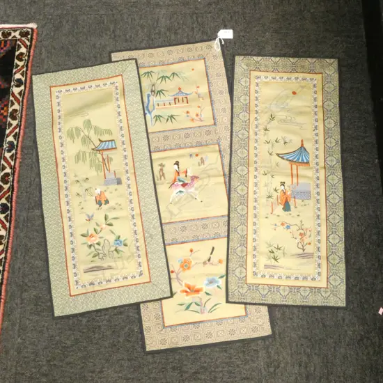 3 PANELLED CHINESE EMBROIDERIES FLORAL, & GARDEN SCENES, L.700,570,590mm