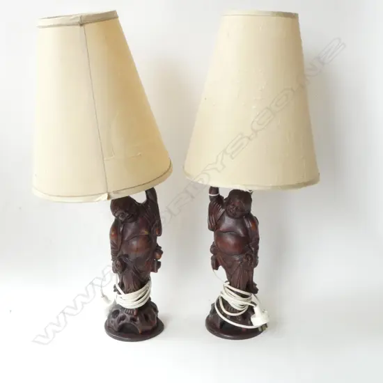 PR ORIENTAL TABLE LAMPS; CARVED WOODEN FIGURAL BASES, SHADES AF H.720mm