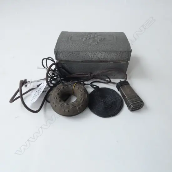 3 VIETNAMESE? NECKLACES L.360mm w. HAMMERED PEWTER CASED BOX