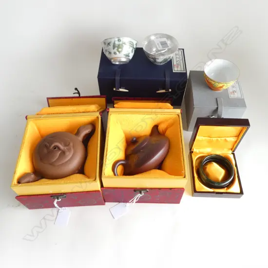 2 BOXED YIXING WARE TEAPOTS, BOXED PR GLASS BANGLES, etc 