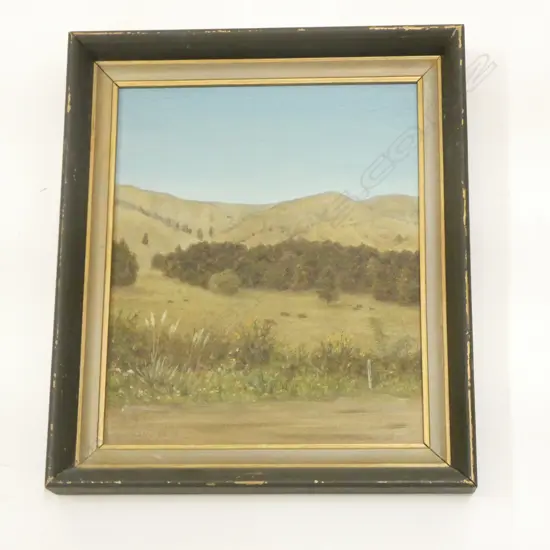 HILLFARM:TANGOWAHINE VALLEY' OIL ON BOARD BY HANS BRUTSCH, SIGNED & DATED '77, 290X240mm