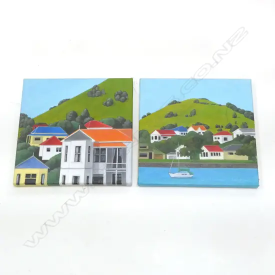 2 KATE MCLAREN ARTWORKS; 'HOUSES ON THE HILL' '09 ACRYLIC ON CANVAS 300x300mm