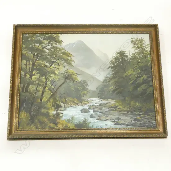R. J. TOOMER 'UPPER HOLLYFORD VALLEY FIORDLAND' OIL ON BOARD '82 400x535mm