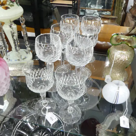 SET OF SIX WATERFORD 'LISMORE' PATTERN HOCK GLASSES (ONE w. CHIP) & 2 CRYSTAL WINE GLASSES