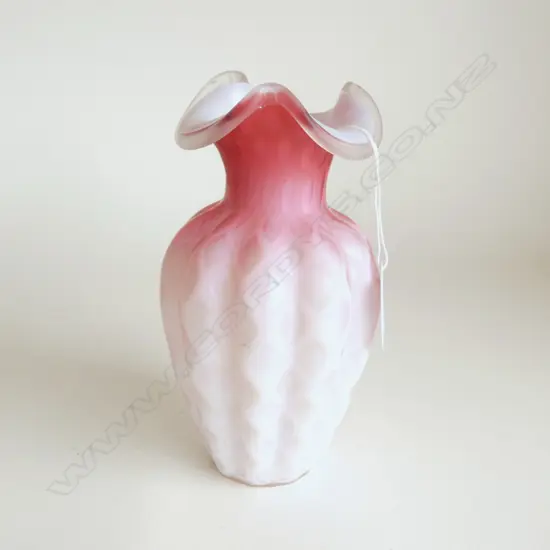 RED & WHITE VASELINE GLASS VASE frilled rim diamond pattern. Mouth blown. H.185mm