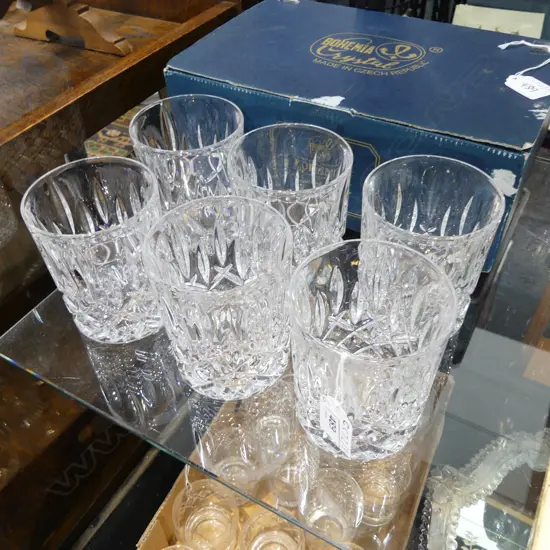 SET OF 6 BOHEMIAN CRYSTAL WHISKEY GLASSES BOXED
