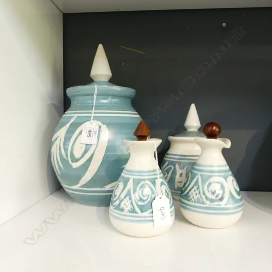 GRADUATED PR HAMNER LIDDED STORAGE JARS w. 2 WOOD STOPPERED CRUETS; Largest H.280mm