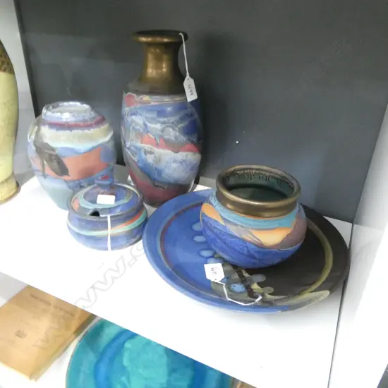 NZ STUDIO POTTERY MARKED PLATE w. 3 DAVID HUFFMAN VASES & STORAGE JAR H.290mm (5)