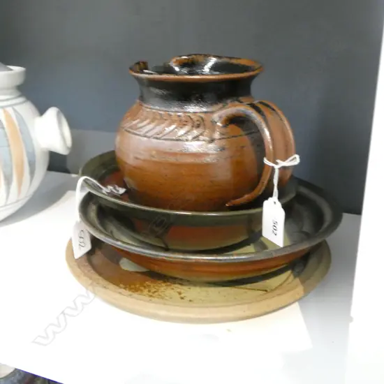 3 PCES NZ STUDIO POTTERY UNMARKED w. MARKED TENMOKU GLAZE JUG H.140mm