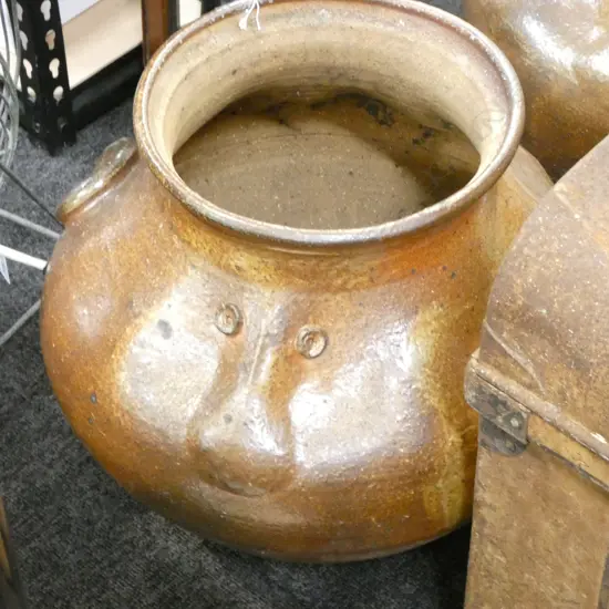 LG SALT GLAZED STUDIO POTTERY POT w. FACE H.370mm hairline crack