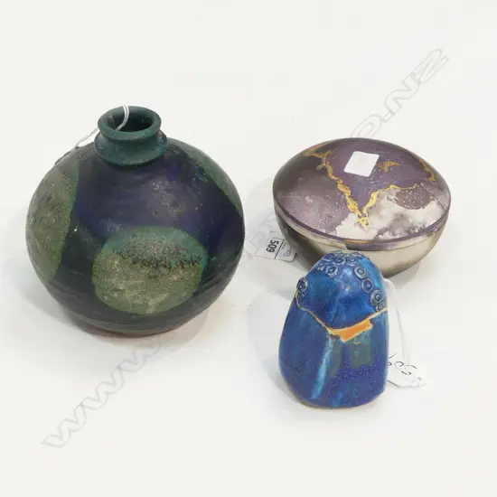 PATTI MEADS (1968-2020) RAKU FIRED LIDDED CONTAINER Dia.105mm, SMALL MARKED POTTERY VASE & CORAL FORM CONTAINER 