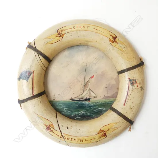 ANTIQUE ARTWORK IN LIFE BUOY FRAME 'SPRAY - DUNEDIN' 225mm dia