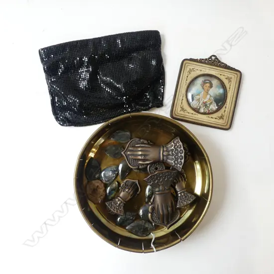 LABRADORITE CABOCHONS, 4 HAND CLIPS, BLACK MESH PURSE ETC