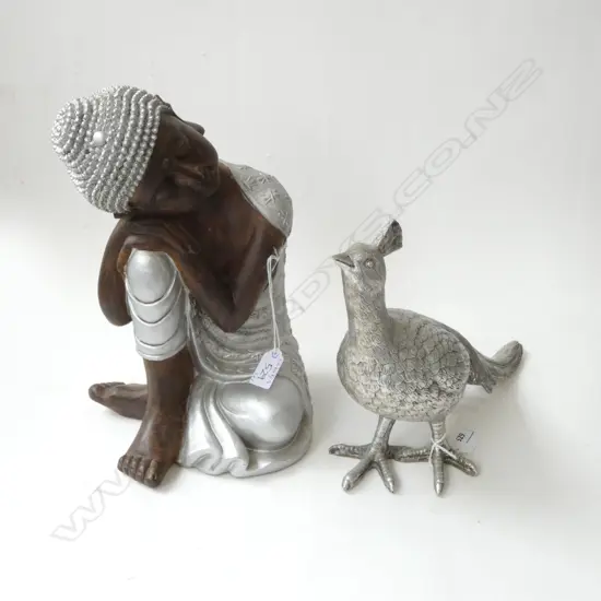 BUDDHA FIGURE H320MM & SILVER PHEASANT ORN L350MM