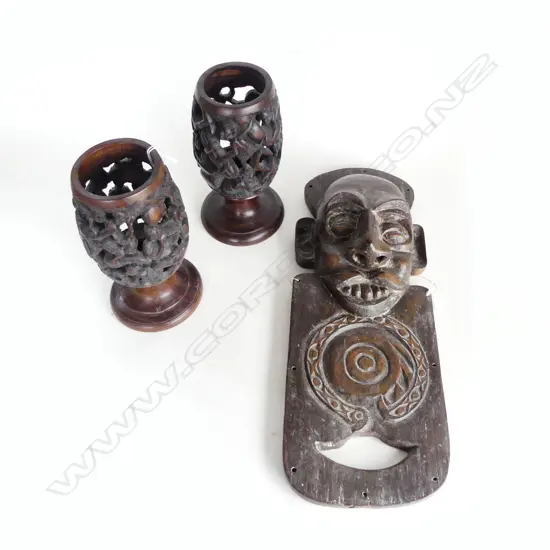 PR AFRICAN CARVED WOOD CANDLE HOLDERS H200MM & CARVED AFRICAN WOOD FACE MASK H440MM