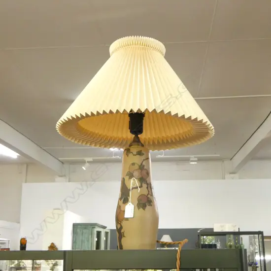 DANISH VINTAGE Hjorth ART POTTERY LAMP BASE c1940. stoneware base w birds & fruit. Pleated shade