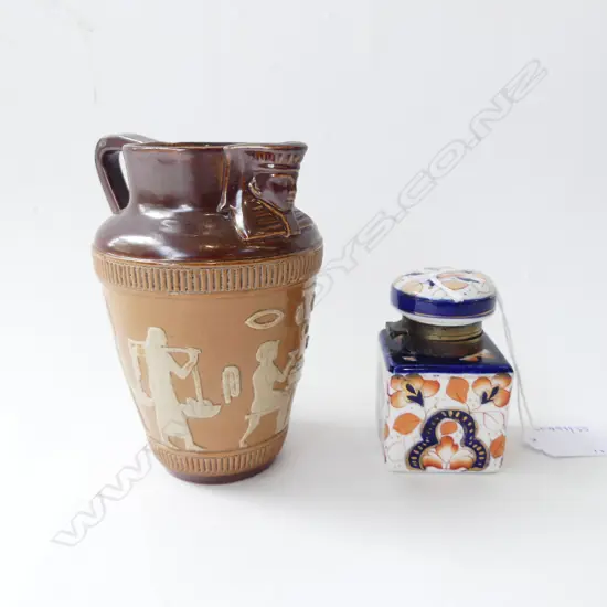 ENGLISH IMARI PAT INK POT H70MM  & LAMBETH DOULTON EGYPTION  PAT JUG 120MM