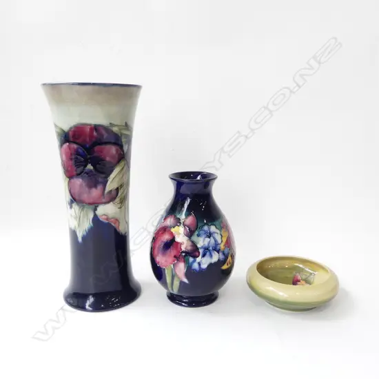 3 PCES MOORCROFT; 2 VASES (LARGER H.260 RIM AF), PIN DISH chip to base