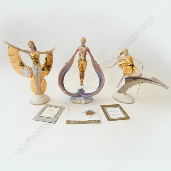 3 FRANKLIN MINT FIGURINES w. CERTIFICATES; DAYBREAK IN GOLD, STARLIGHT IN PLATINUM, SUNRISE IN GOLD H.280mm