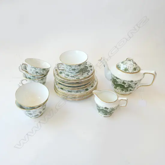 SUTHERLAND CHINA GREEN DRAGON TEA SET; 6 TRIOS, TEAPOT, JUG & 2 SAUCERS