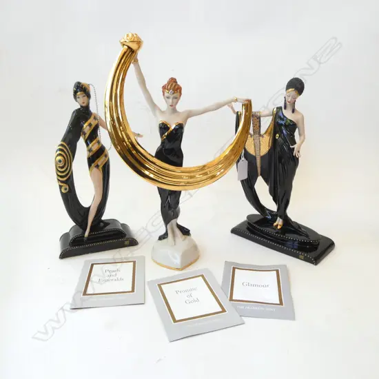 3 FRANKLIN MINT ERTE FIGURINES w. CERTIFICATES; PEARLS & EMERALDS, GLAMOUR, PROMISE OF GOLD H.310mm