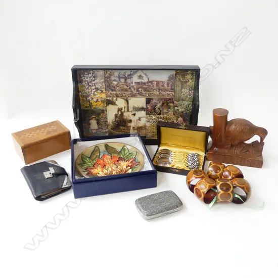 ASST. ITEMS INCL. MOORCROFT PLATE 160mm dia, BOXED, STG TRIM WALLET & 6 TEASPOONS, SOVEREIGN WARE ETC 