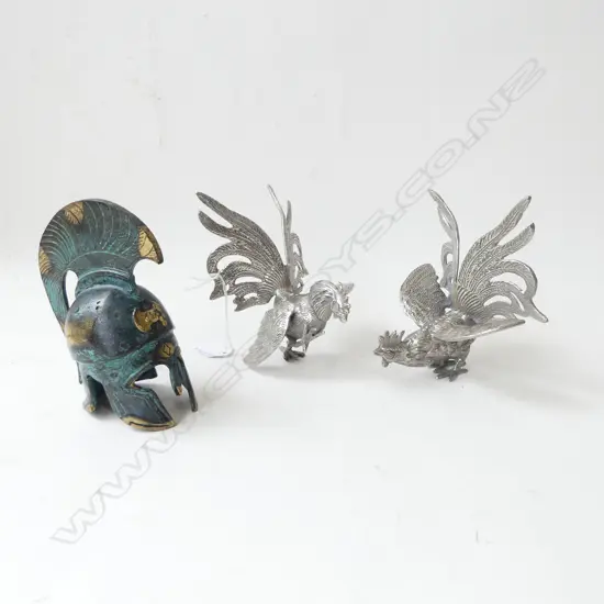 2 METAL ROOSTER ORNAMENTS w. HEAVY BRASS HELMET