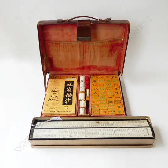 VINTAGE LEATHER CASED MAHJONG SET w. BOXED Orig. STANDS