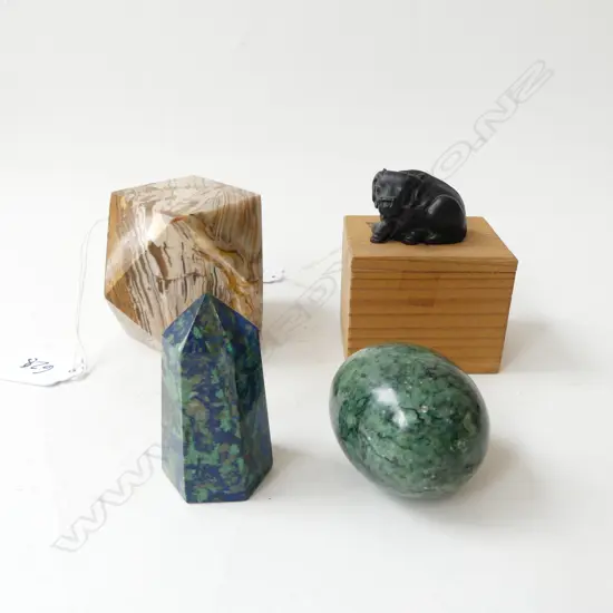 AGATE PAPERWEIGHT w. LAPIS OBELISK, SOAPSTONE EGG, BRONZE OKIMONO (SIGNED)
