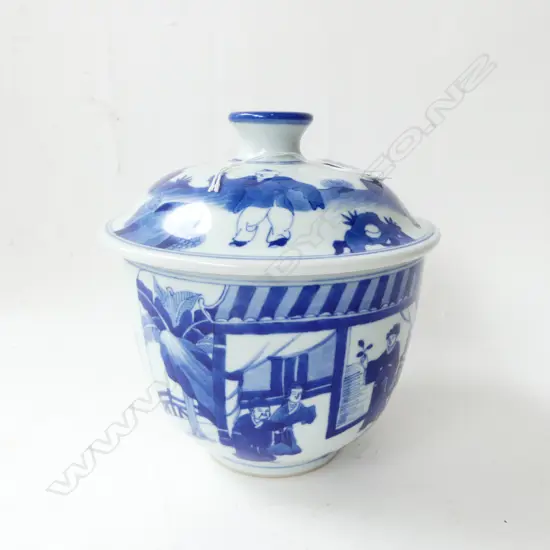 CHINESE KANGXI MARK BLUE & WHITE LIDDED POT figures in courtyards H.180mm Dia.160mm