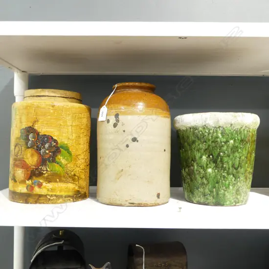 CROCK, GREEN GLAZED POT, LIDDED CONTAINER H.270mm