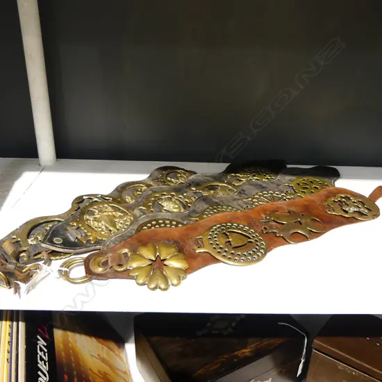 4 LEATHER MOUNTED HORSE BRASSES 4 BRASSES ON EACH 500MM