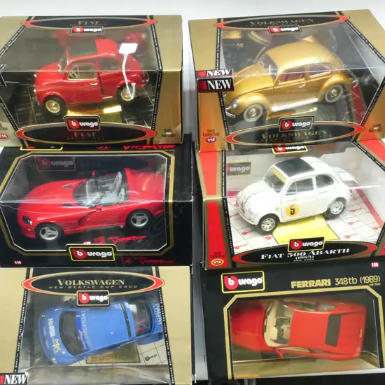 6 BOXED BBURAGO 1:18 MODELS; FERRARI 348TB, FIAT 500, VOLKSWAGEN KAFER-BEETKE, etc