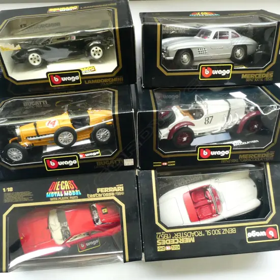 6 BOXED BBURAGO 1:18 MODELS; MERCEDES BENZ 300 SL, BENZ SSKL, BUGATTI GRAND-PRIX, etc
