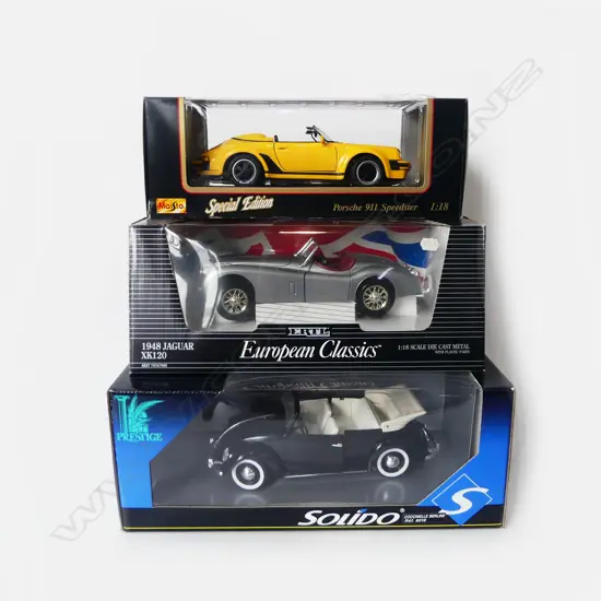 3 BOXED 1:18 MODEL CARS; PORSCHE 911, 1948 JAGUAR, SOLIDO