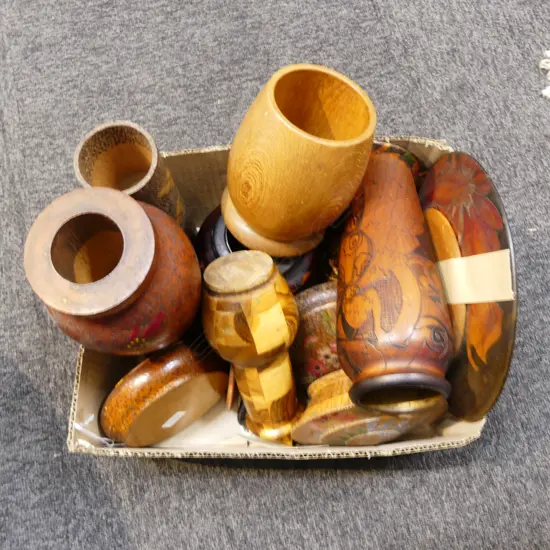 ASST ARTS & CRAFTS POKER WORK & TURNED WOOD VASES, TRINKET BOXES, etc LARGEST H.280mm