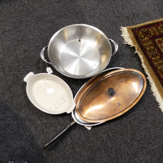 2 PANS & DISH; COPPER LIDDED 'CULLNOX' FISH PAN & ITALIAN 'ESSTEELE' PAN DIA.320mm & FRENCH CAST IRON DISH