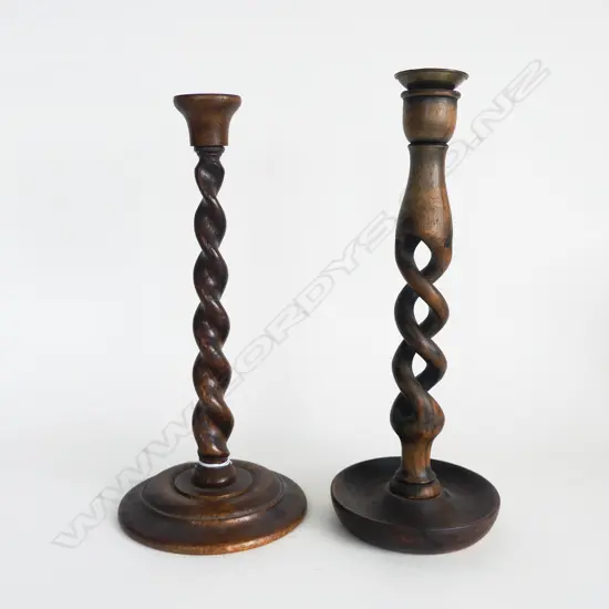 2 TURNED WOOD CANDLESTICKS H.