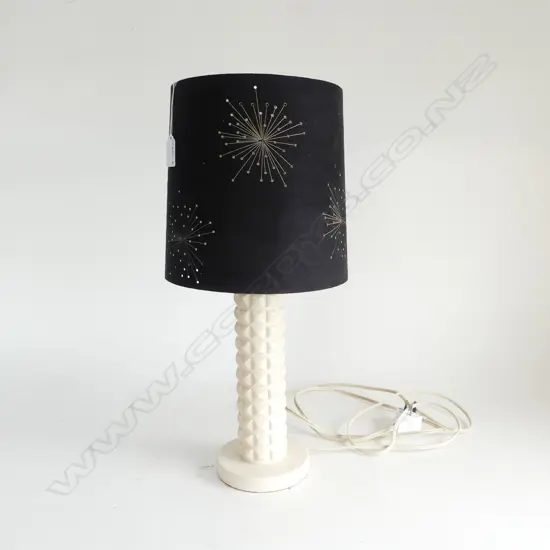 GAYLITE ( LABELED) TABLE LAMP cream painted carved wood geometric tapa? pattern. With shade H.495mm LAMP