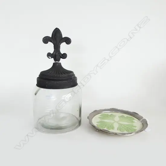 WMF TRAY & GLASS JAR w. FLEUR-DE-LIS METAL LID H.310mm