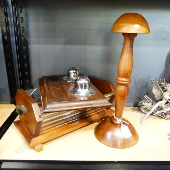3 WOODEN PCES; DESK SET, HAT BLOCK, CONTAINER W.325mm