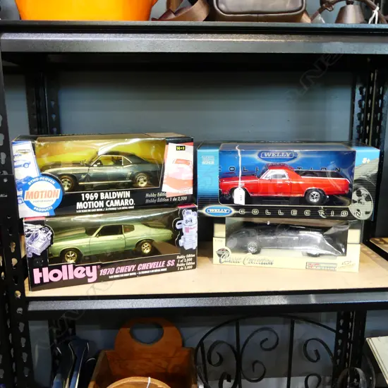 4 BOXED 1:18 MODEL CARS; HOLLEY 70 CHEVY CHEVELLE, WELLY 70 CHEVROLET EL CAMINO, 69 BALDWIN CAMARO, 78 CHEV CORVETTE